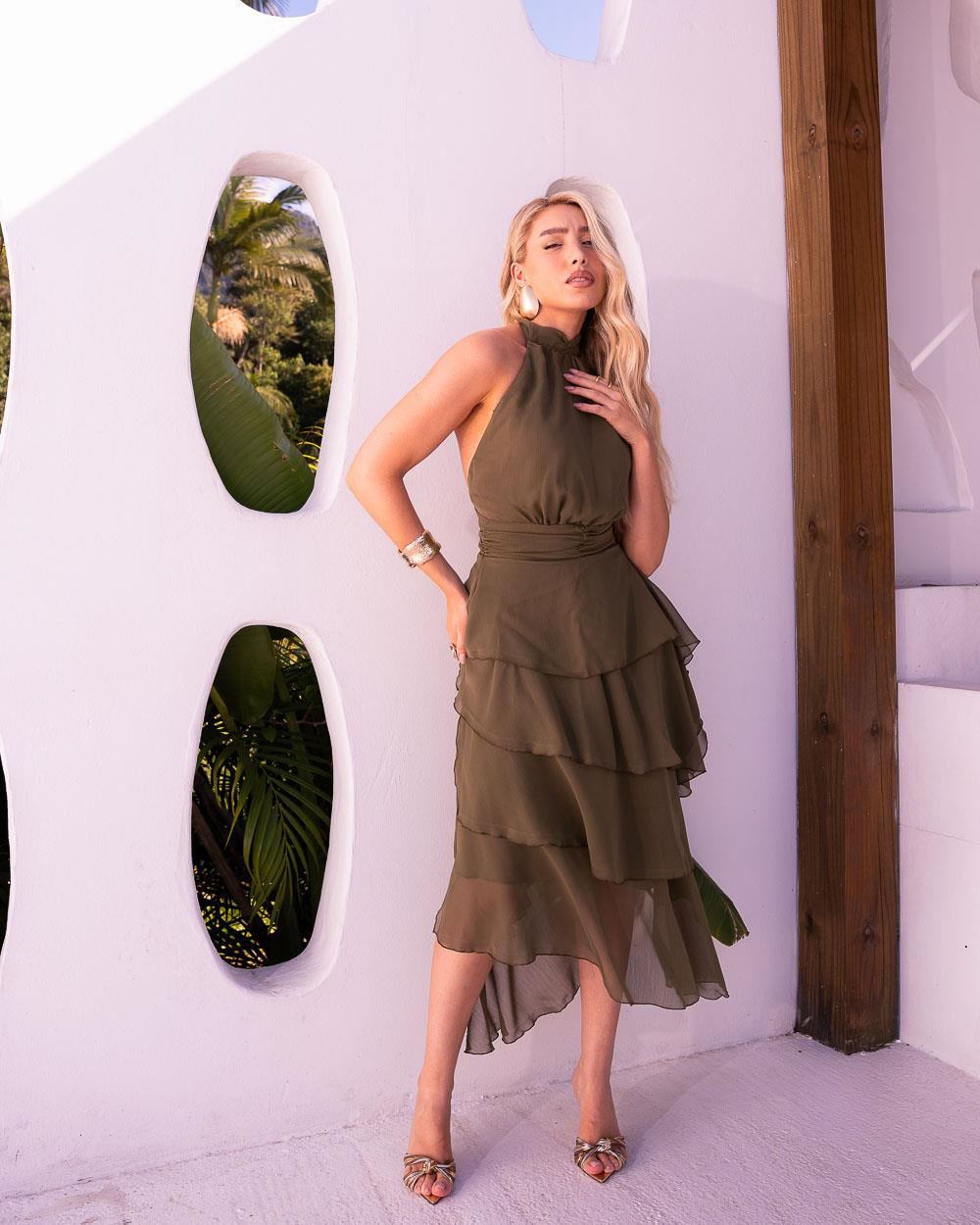 Vestido Midi Chiffon Babados